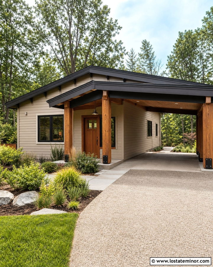 Beige House With Cedar Carport Posts - 30 Beige House Design With Carport Ideas