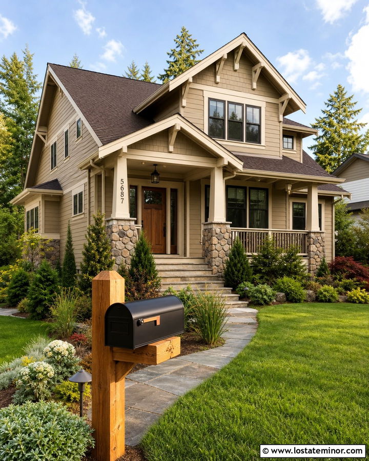 Beige House With Cedar Mailbox Post - 30 Beige House Design With Mailbox Ideas