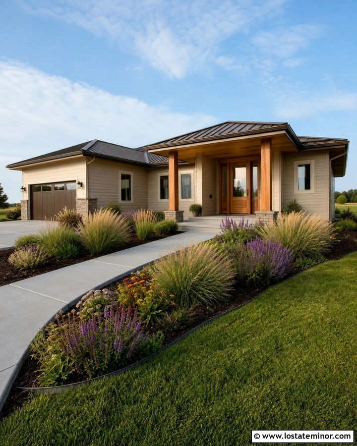 Beige House With Cedar Porch And Prairie Garden - 30 Beige House Design With Front Yard Ideas
