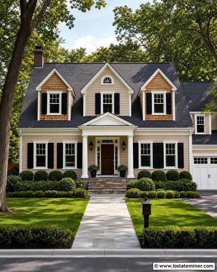 Beige House With Cedar Shake And Black Shutters - 30 Beige House Design With Cedar Shake Ideas