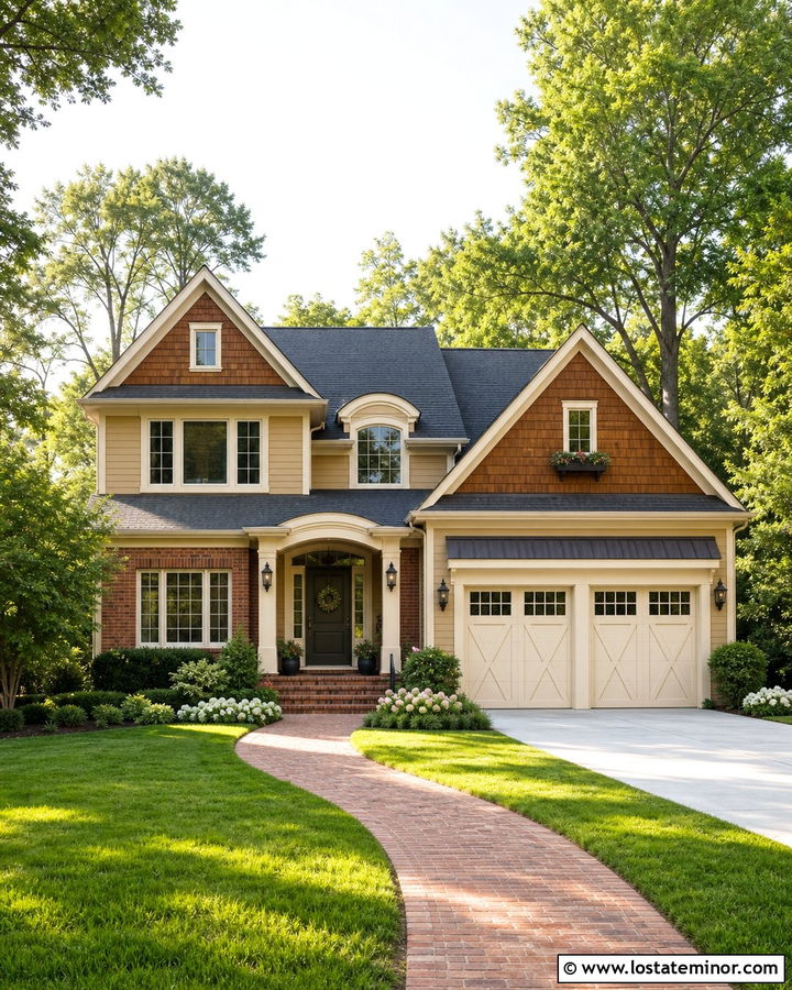 Beige House With Cedar Shake And Red Brick - 30 Beige House Design With Cedar Shake Ideas