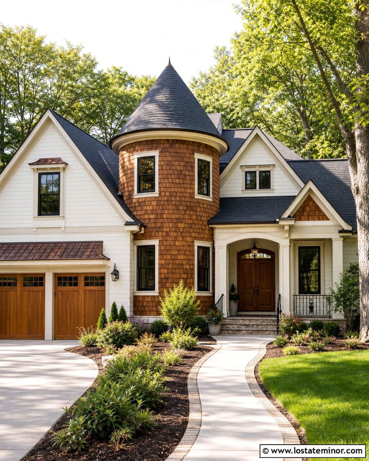 Beige House With Cedar Shake Tower - 30 Beige House Design With Cedar Shake Ideas