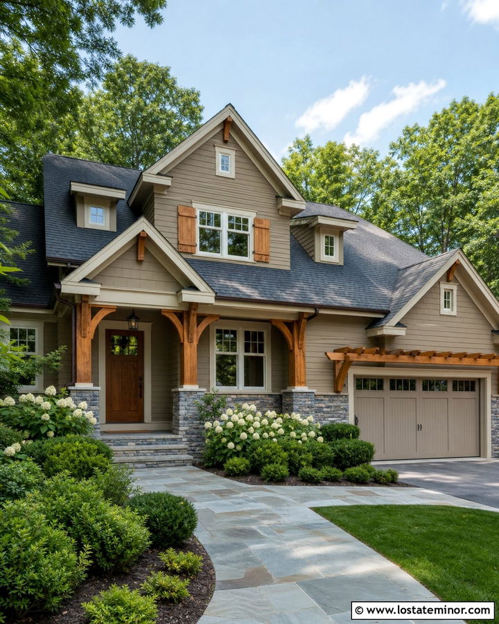 Beige House With Cedar Shutters And Dormers - 30 Beige House Design With Dormers Ideas