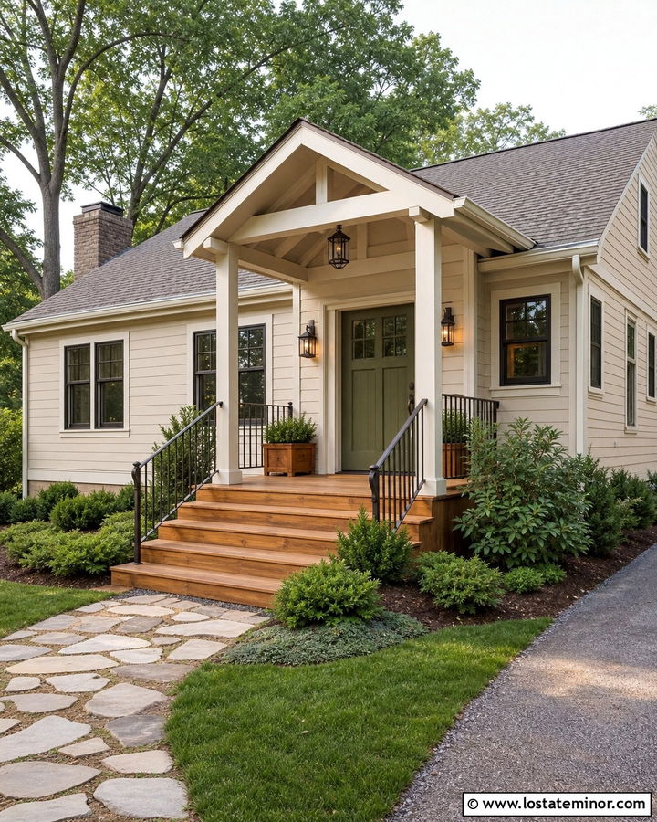Beige House With Cedar Steps And Green Door - 30 Beige House Design With Steps Ideas