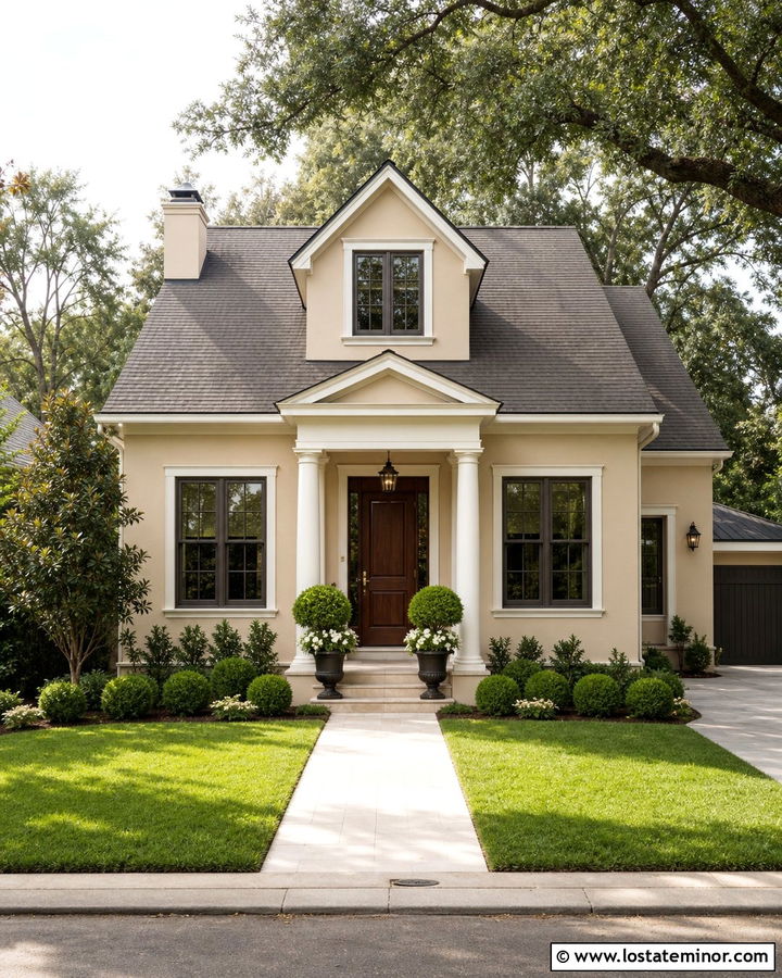 Beige House With Central Dormer And Portico - 30 Beige House Design With Dormers Ideas