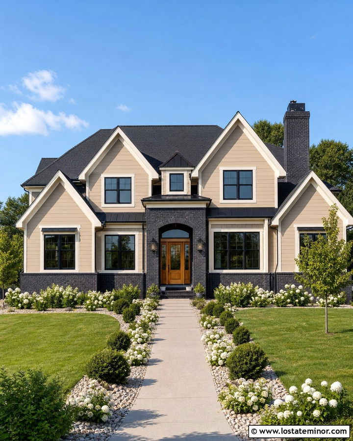 Beige House With Charcoal Brick Accents - 30 Beige House Design With Brick Accents Ideas