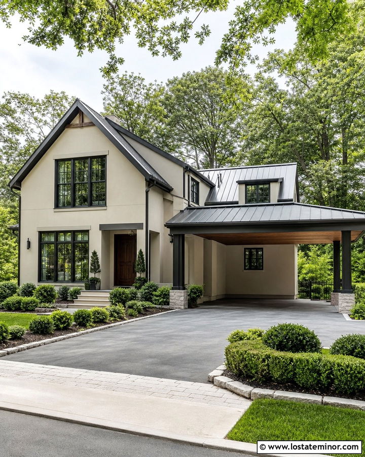 Beige House With Charcoal Carport Roof - 30 Beige House Design With Carport Ideas
