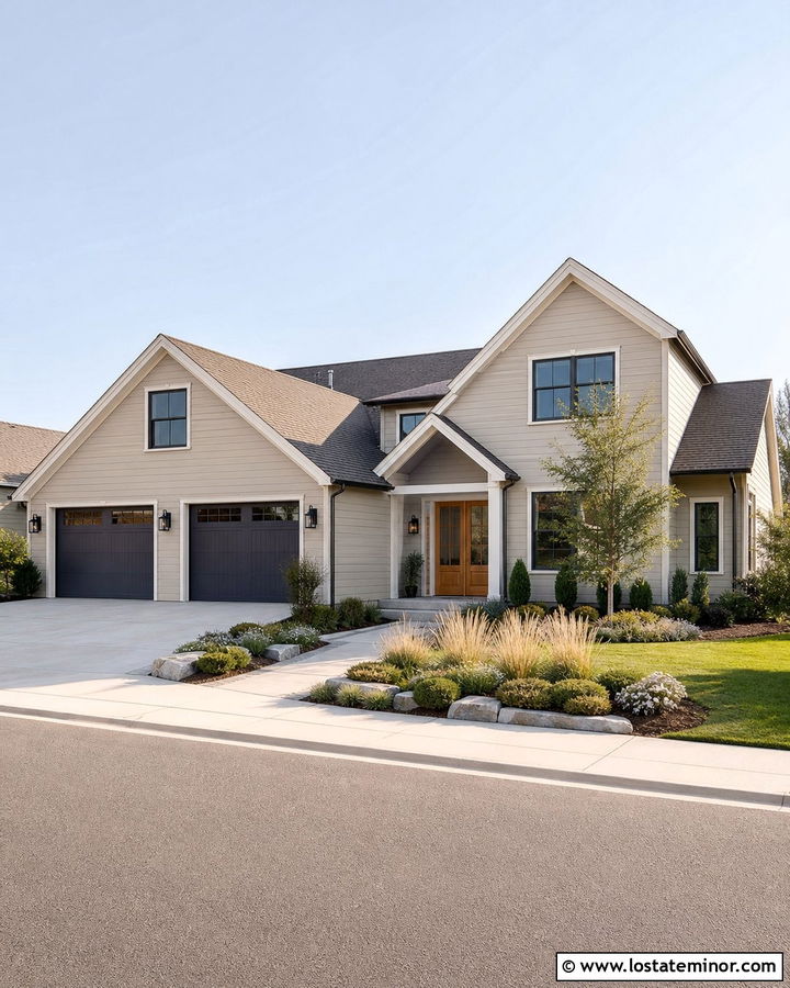 Beige House With Charcoal Garage And Driveway Border - 30 Beige House Design With Front Yard Ideas