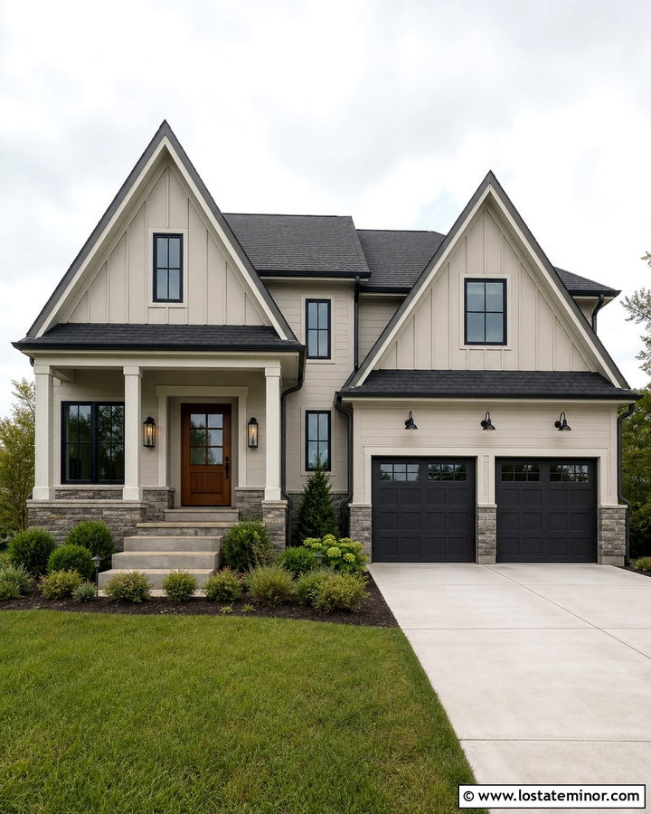 Beige House With Charcoal Roof And Black Lights - 30 Beige House Design With Light Fixtures Ideas