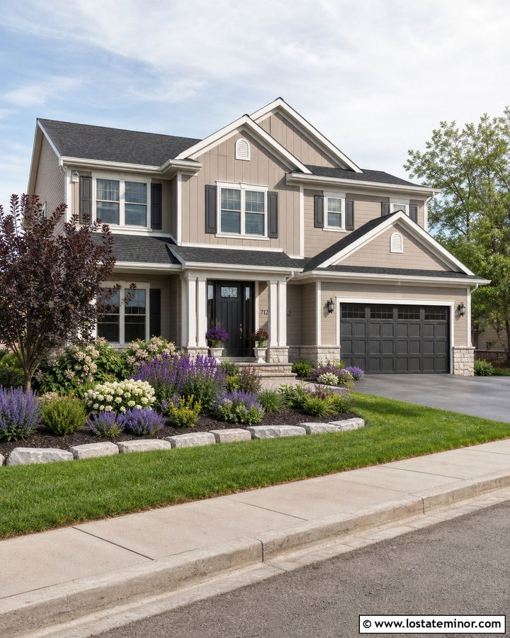 Beige House With Charcoal Roof And Purple Plants - 30 Beige House Design With Landscaping Ideas