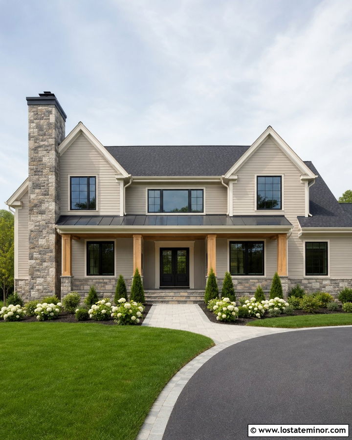 Beige House With Charcoal Roof And Stone Chimney - 30 Beige House Design With Chimney Ideas