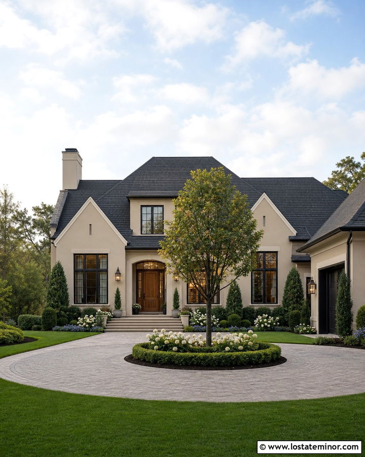 Beige House With Circular Front Walkway - 30 Beige House Design With Walkway Ideas