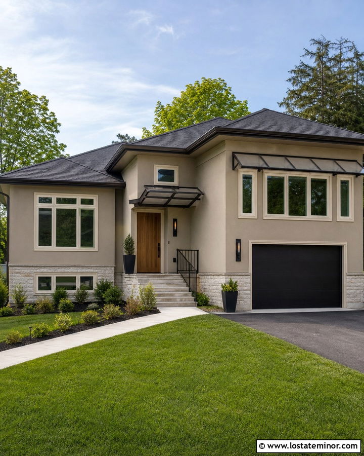 Beige House With Clear Polycarbonate Awnings - 30 Beige House Design With Awning Ideas