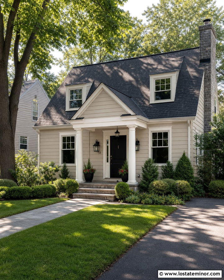 Beige House With Columned Entry Portico - 30 Beige House Design With Porch Columns Ideas