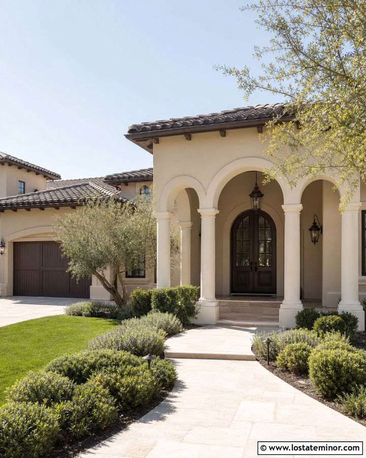 Beige House With Columns And Arched Porch - 30 Beige House Design With Porch Columns Ideas
