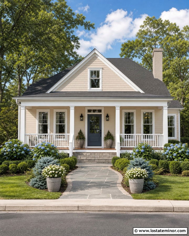 Beige House With Columns And Blue Front Door - 30 Beige House Design With Porch Columns Ideas
