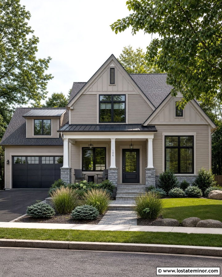 Beige House With Columns And Gray Stone - 30 Beige House Design With Porch Columns Ideas