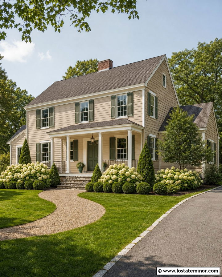 Beige House With Columns And Green Shutters - 30 Beige House Design With Porch Columns Ideas