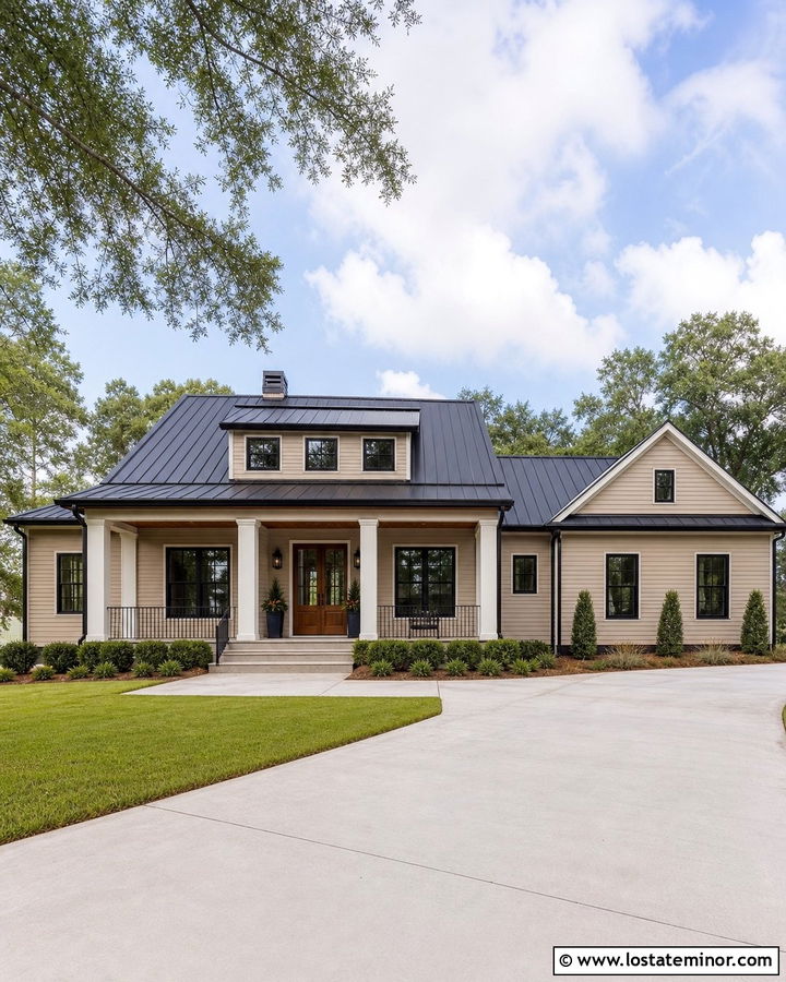 Beige House With Columns And Metal Roof - 30 Beige House Design With Porch Columns Ideas