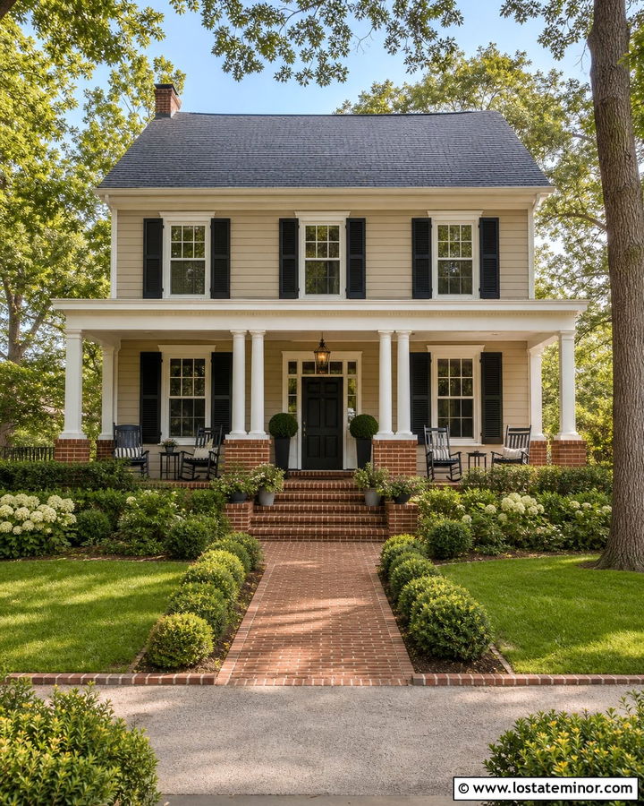 Beige House With Columns And Red Brick Steps - 30 Beige House Design With Porch Columns Ideas
