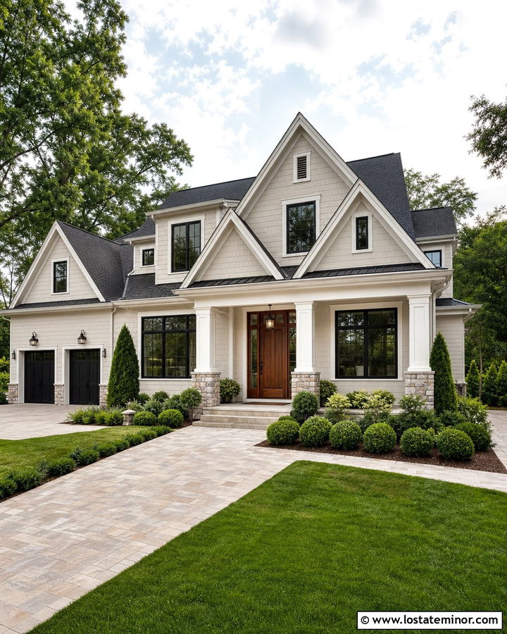 Beige House With Columns And Wood Front Door - 30 Beige House Design With Porch Columns Ideas