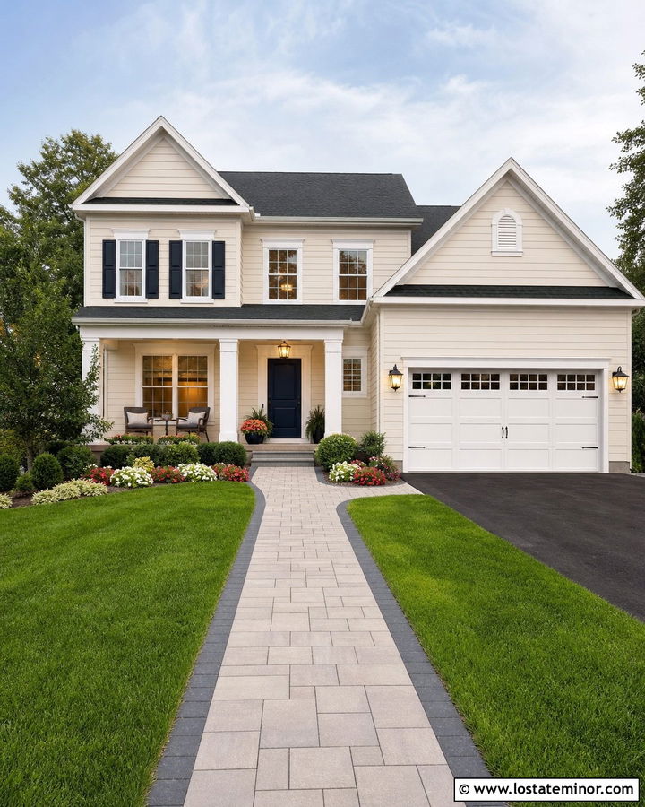 Beige House With Concrete Paver Walkway - 30 Beige House Design With Walkway Ideas