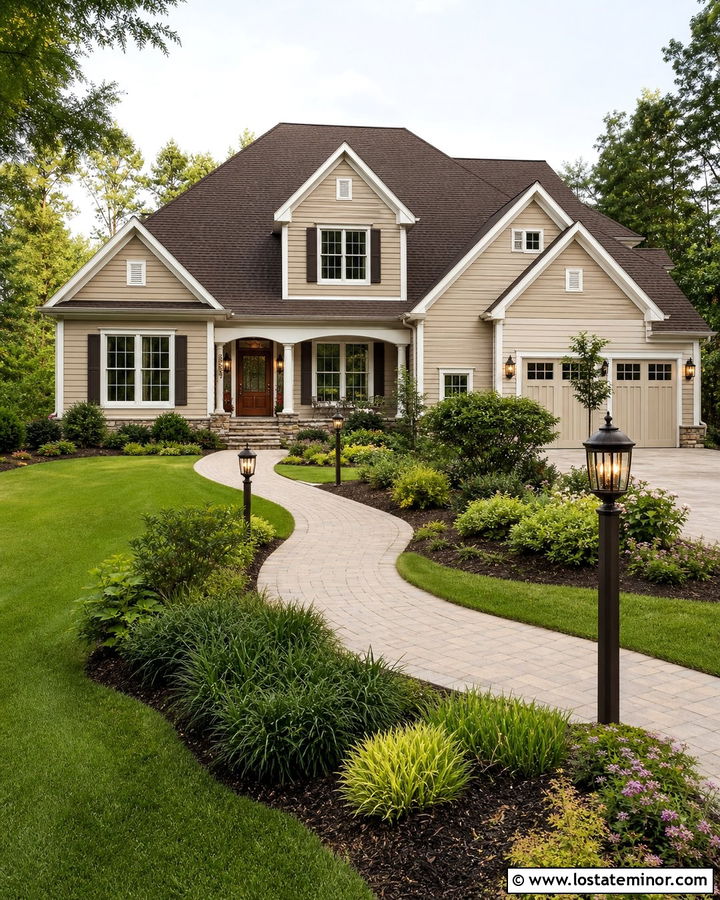 Beige House With Coordinated Post Lights - 30 Beige House Design With Light Fixtures Ideas