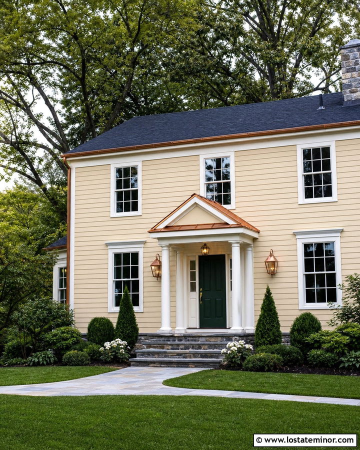 Beige House With Copper Roof Portico - 30 Beige House Design With Portico Ideas