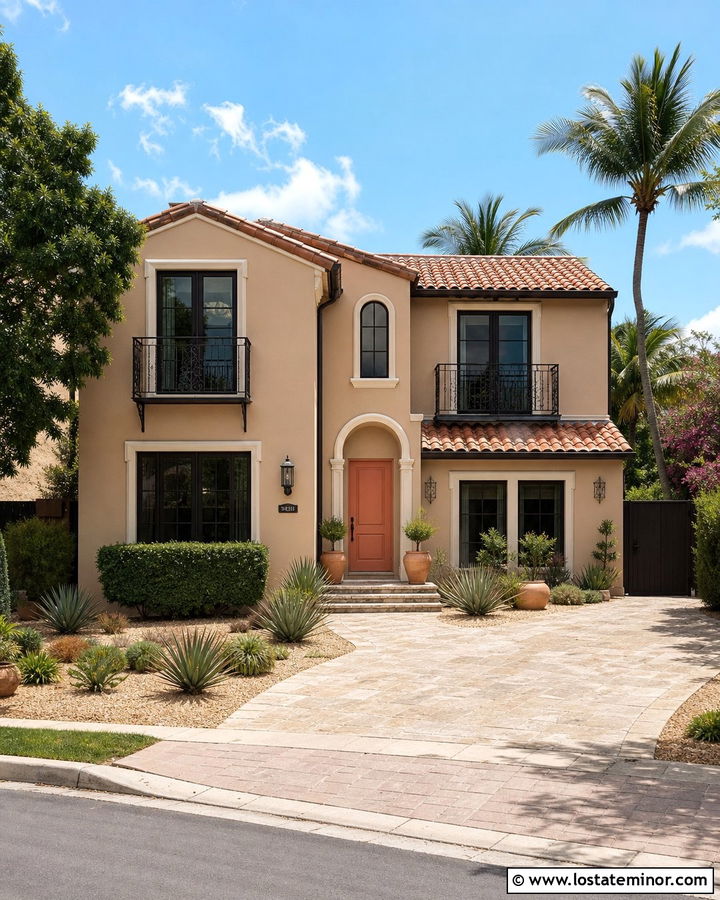 Beige House With Coral Front Door - 30 Beige House Design With Front Door Ideas
