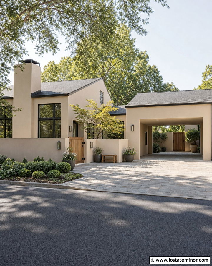 Beige House With Courtyard Carport - 30 Beige House Design With Carport Ideas