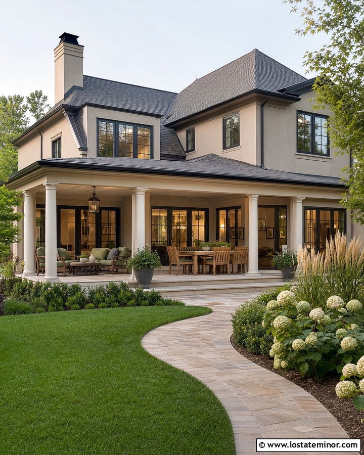 Beige House With Covered Patio - 30 Beige House Design With Backyard Ideas