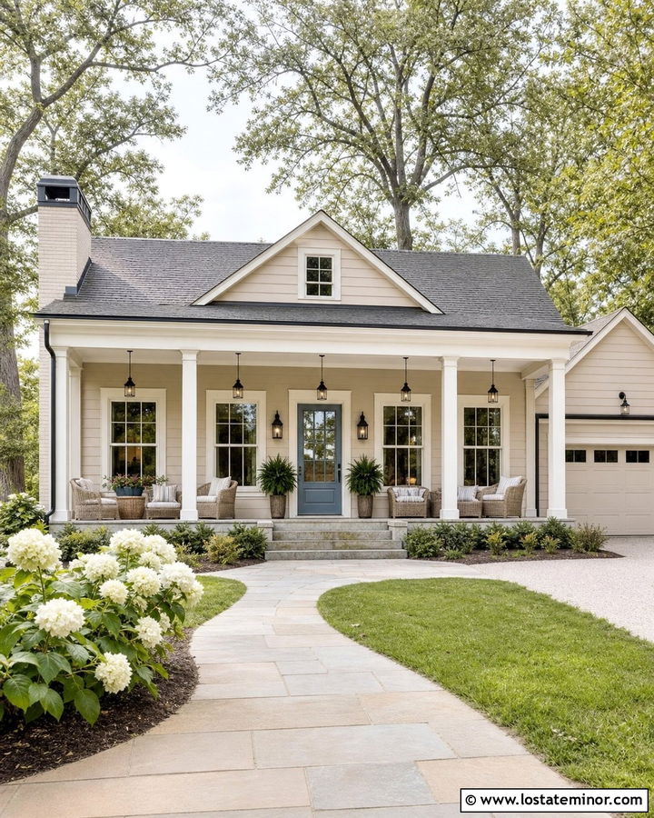 Beige House With Covered Porch Pendants - 30 Beige House Design With Lighting Ideas