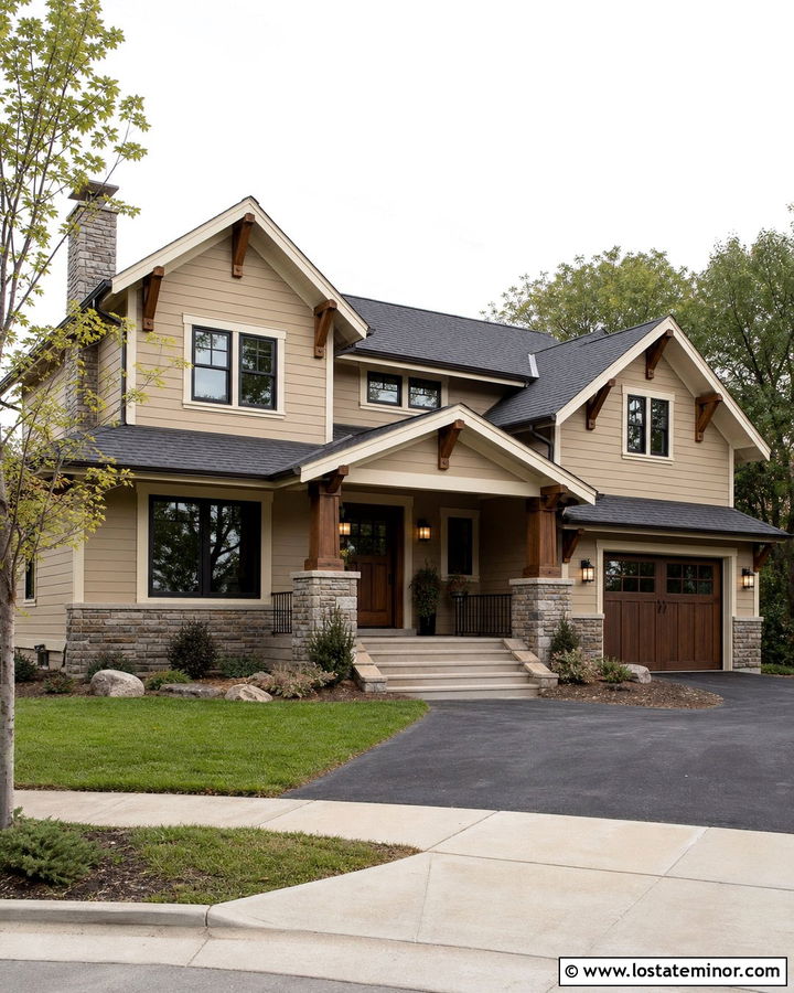 Beige House With Craftsman Wood Columns - 30 Beige House Design With Porch Columns Ideas