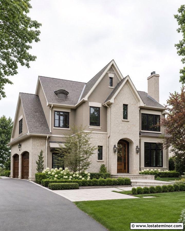 Beige House With Cream Brick Accents - 30 Beige House Design With Brick Accents Ideas