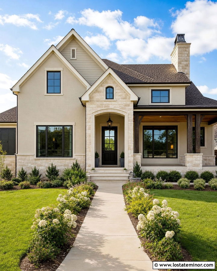 Beige House With Cream Limestone Accents - 30 Stone House Design With Stone Accents Ideas
