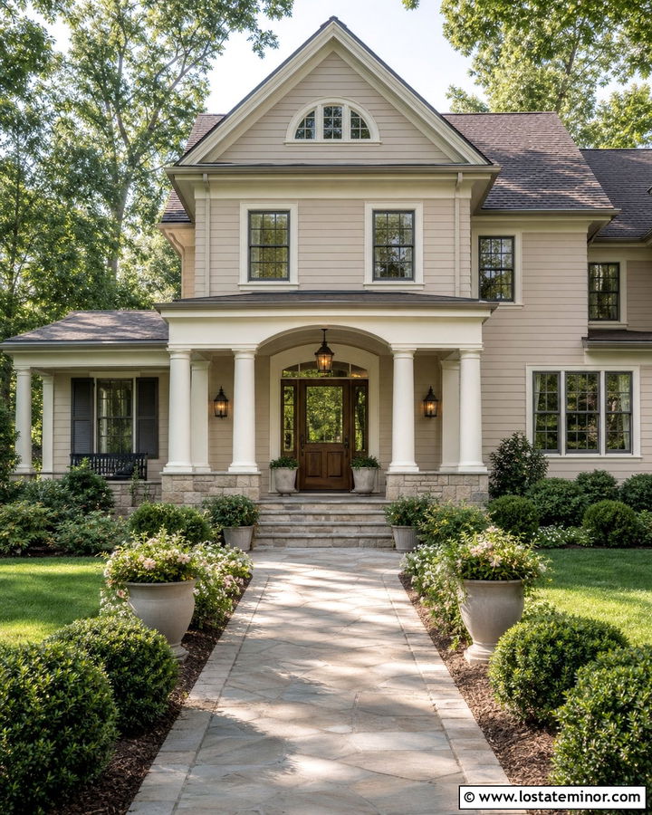 Beige House With Cream Porch Columns - 30 Beige House Design With Porch Columns Ideas