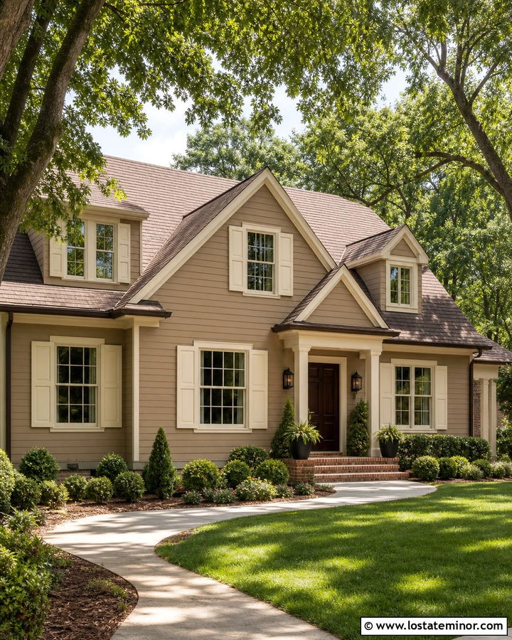 Beige House With Cream Shutters And Dark Door - 30 Beige House Design With Shutters Ideas