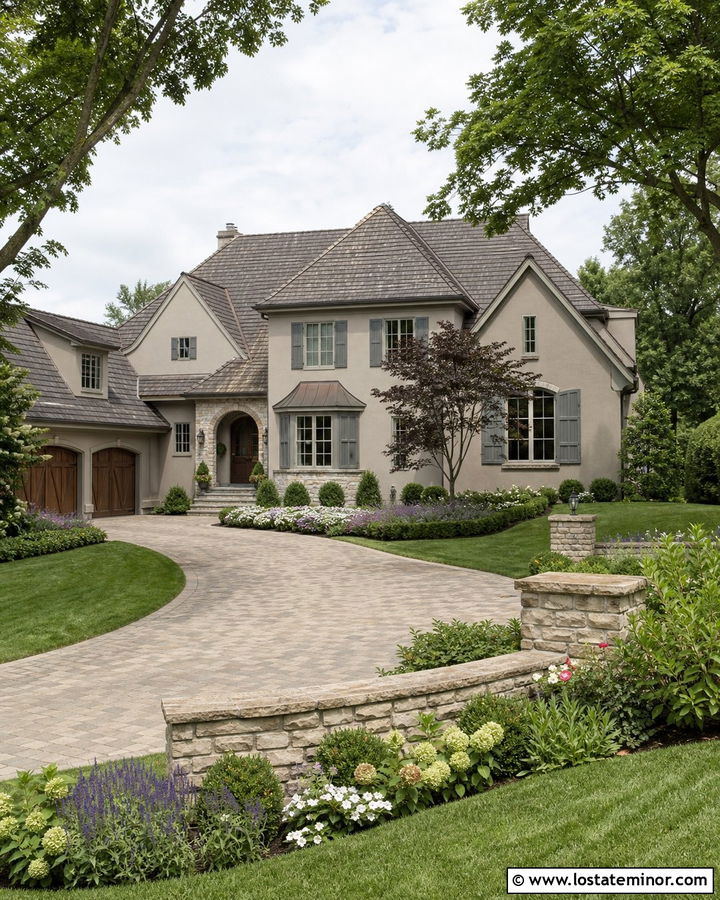 Beige House With Curved Driveway - 30 Beige House Design With Driveway Ideas