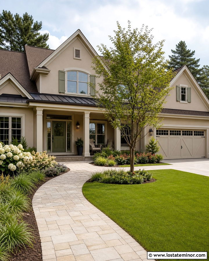 Beige House With Curved Front Walkway - 30 Beige House Design With Walkway Ideas