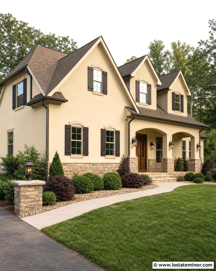 Beige House With Dark Brown Roof Dormers - 30 Beige House Design With Dormers Ideas