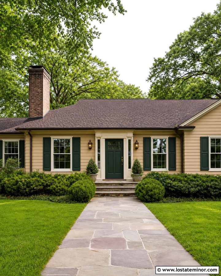 Beige House With Dark Green Front Door - 30 Beige House Design With Entry Door Ideas