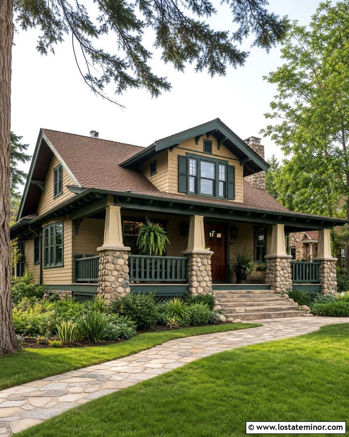 Beige House With Dark Green Trim - 30 Beige House Design With Trim Ideas