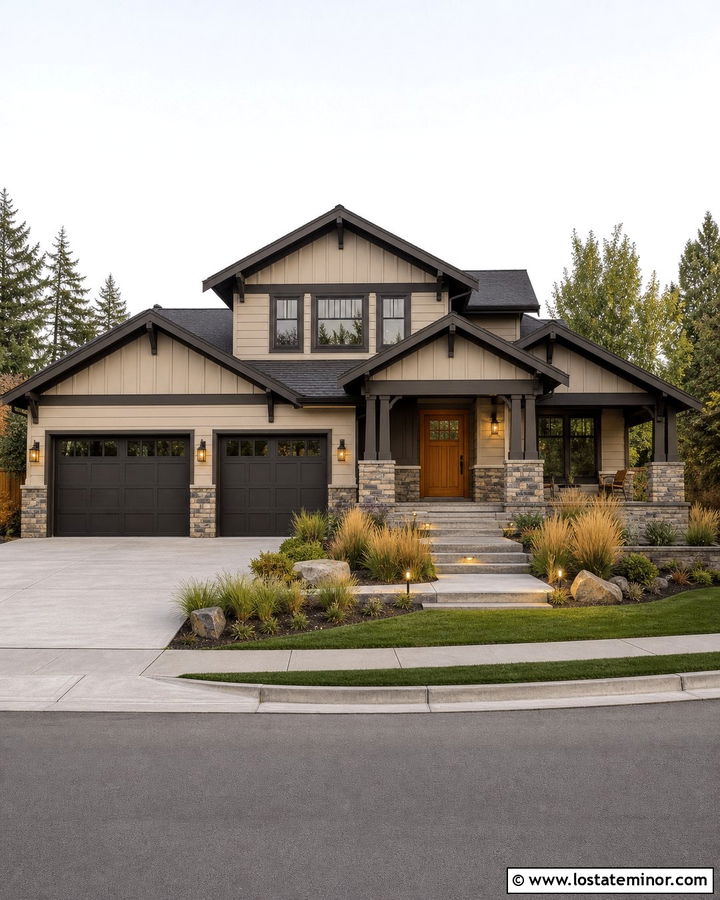 Beige House With Dark Trim And Stone Accents - 30 Beige House Design With Trim Ideas