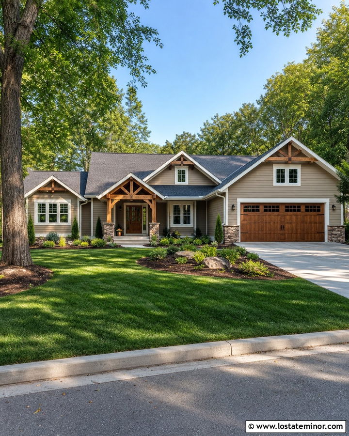 Beige House With Double Gable Portico - 30 Beige House Design With Portico Ideas