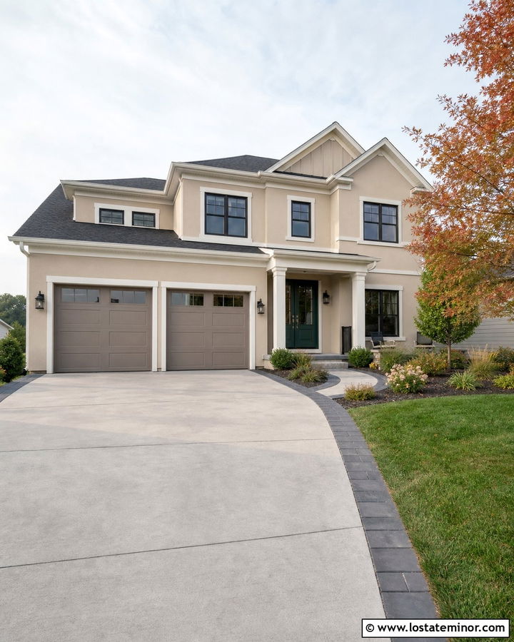 Beige House With Double Garage Driveway - 30 Beige House Design With Driveway Ideas