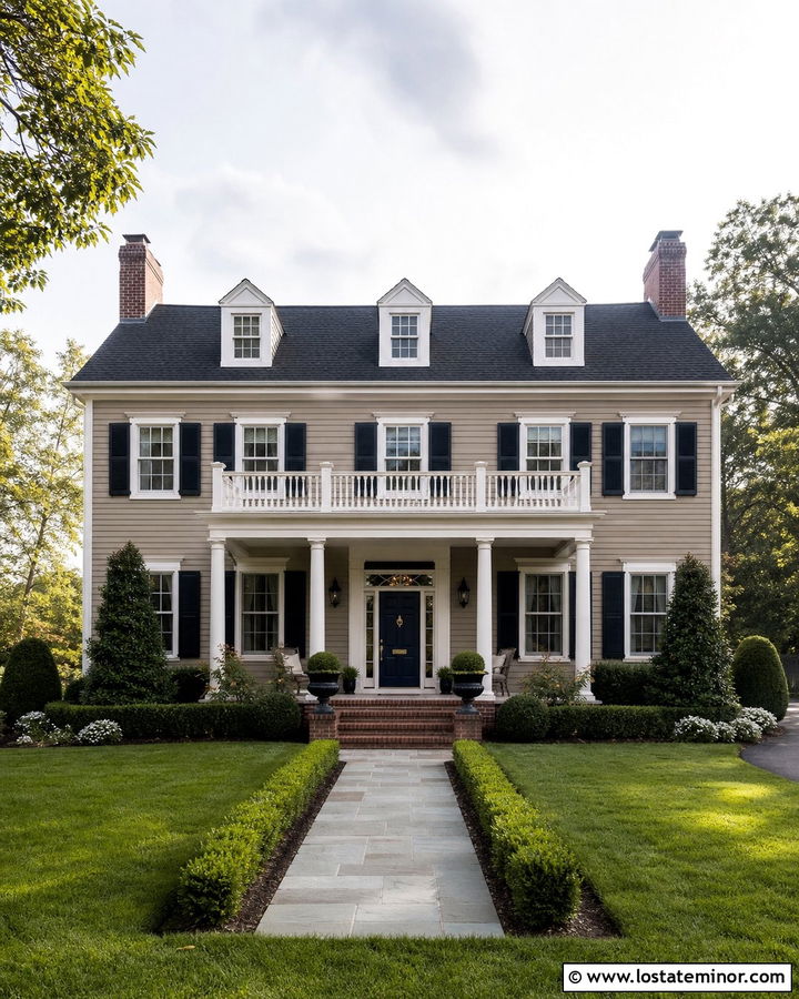 Beige House With Double Porch Columns - 30 Beige House Design With Porch Columns Ideas