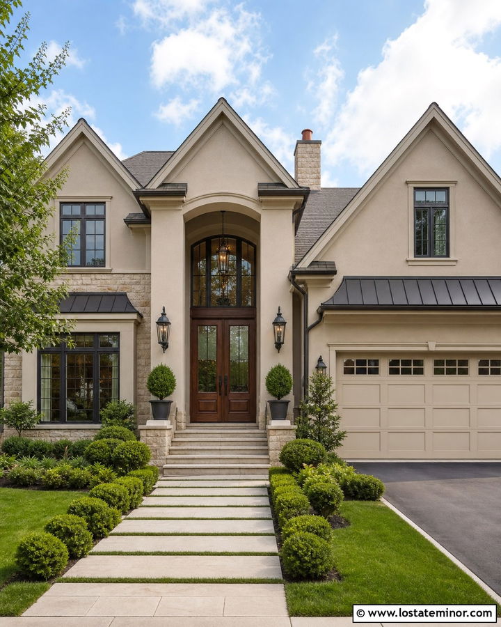 Beige House With Double Wood Entry Doors - 30 Beige House Design With Entry Door Ideas
