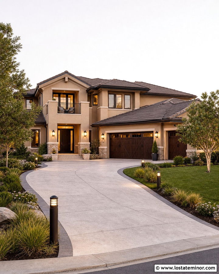 Beige House With Driveway Bollard Lights - 30 Beige House Design With Lighting Ideas