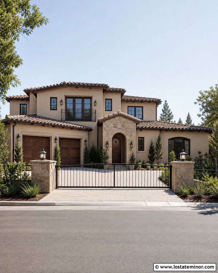 Beige House With Driveway Gate - 30 Beige House Design With Driveway Ideas