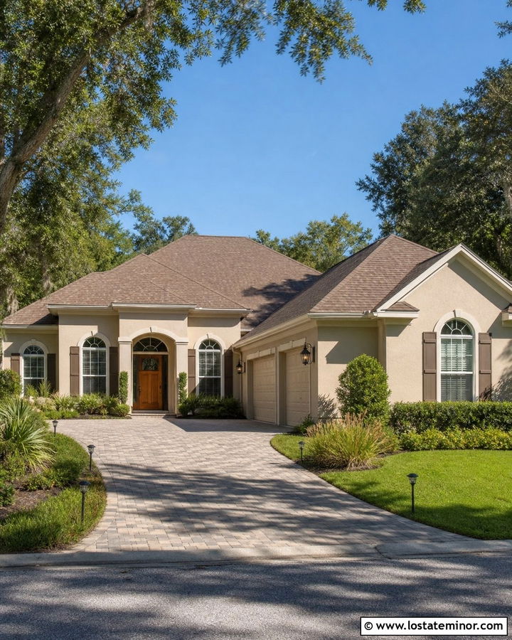 Beige House With Driveway Lighting - 30 Beige House Design With Driveway Ideas